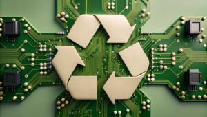 Dismantled electronics separated into metals, plastics and circuit boards